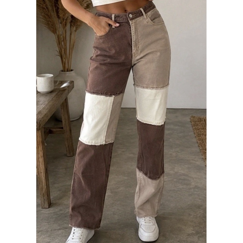 Teen / Jr Hollister Dad Jeans W24 L29 Ultra High Rise Patchwork Colorblock Brown